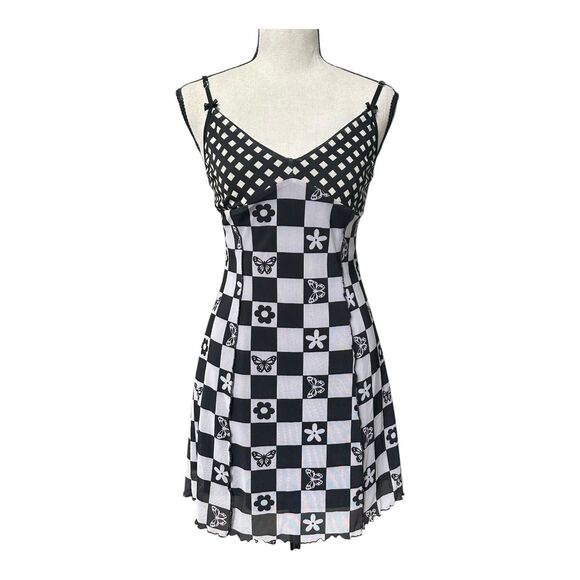 Forever 21 Black White Checkerboard Butterfly Floral Mini Slip Dress M - Picture 1 of 9